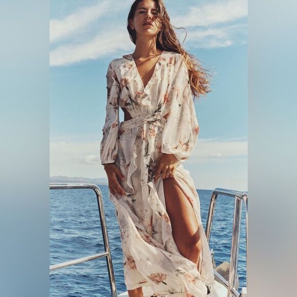 NWT Zara Ruffled Floral Cut Out Dress Size L - Picture 4 of 11